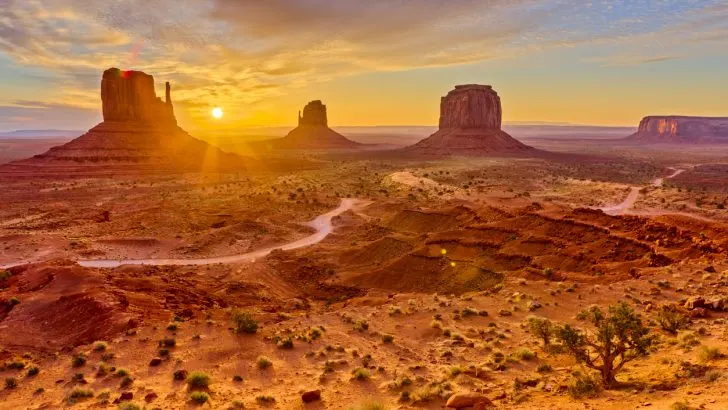 The mittens geologic feature in Monument Valley tribal park in Arizona at sunrise
