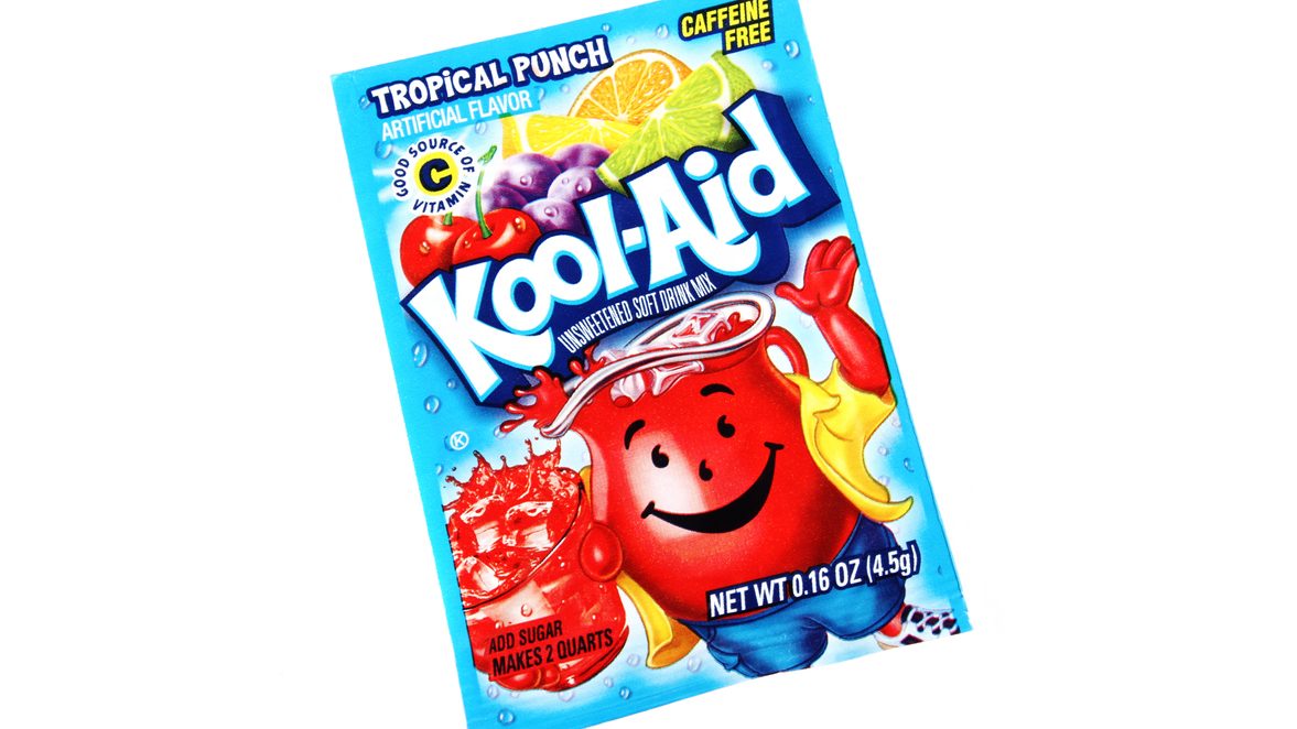 A packet of Tropical Punch Kool-Aid used for making Koolicles