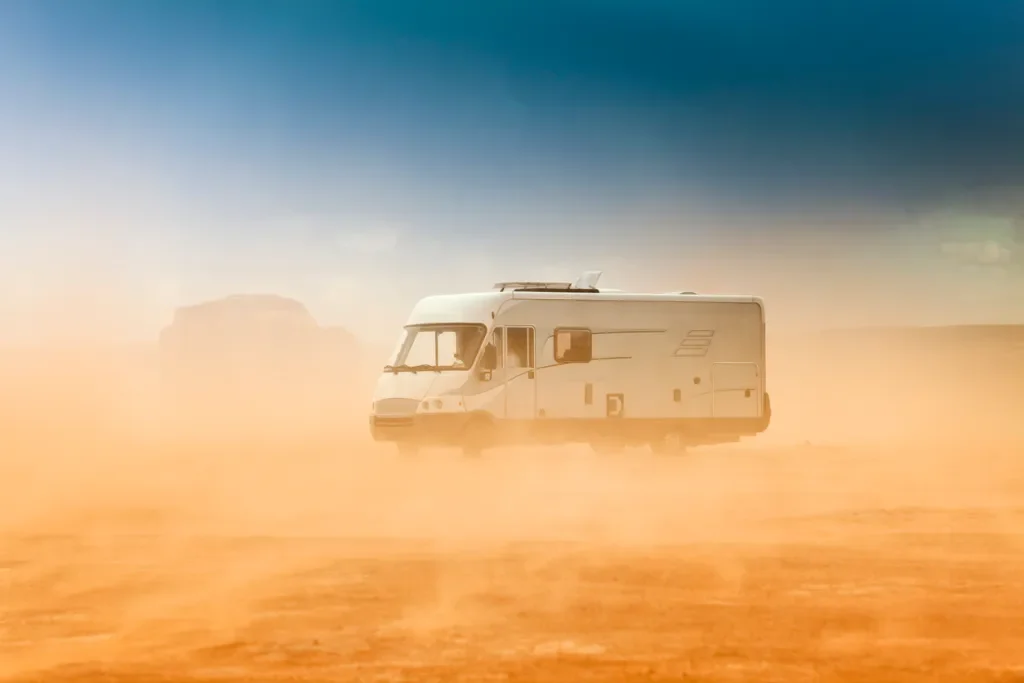 RV motor home parked in a wind and dust storm at the Navajo Tribal Park in Arizona USA
