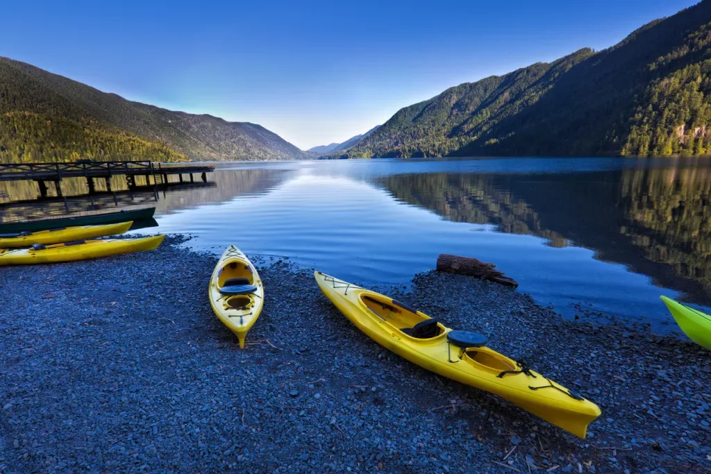 Kayaks on the shore of Lake Crescent