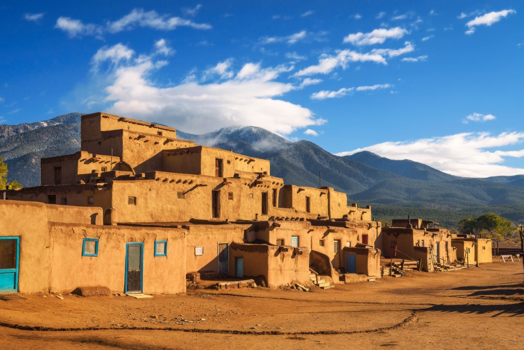 Ancient dwellings of UNESCO World Heritage Site named Taos Pueblo, which is near Kit Carson Park