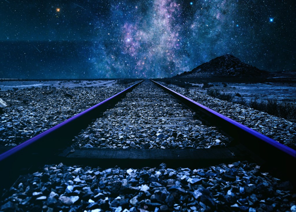 Death Valley National Park, California, USA, train track under the stars