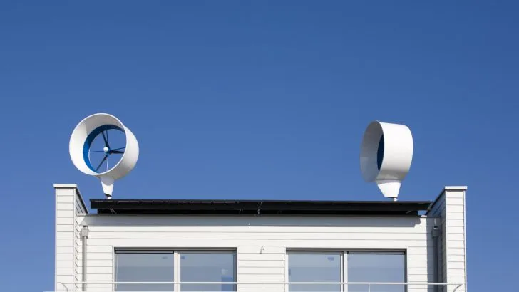 Wind turbines on top of a house. There are many types of residential wind turbine generators that will work for an RV