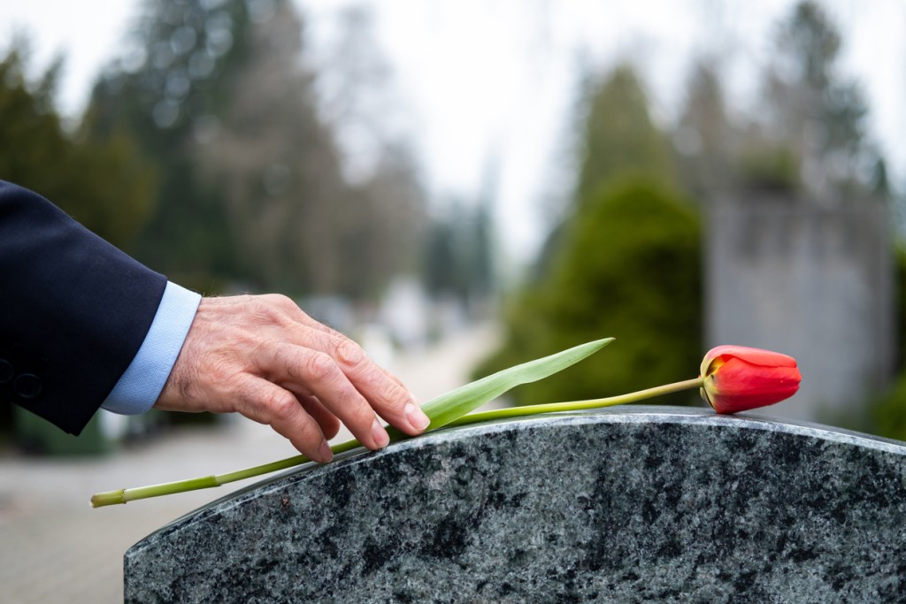 A man's hand placing a red flower on a tombstone at cemetery, perhaps the grave belongs to Bob Ross