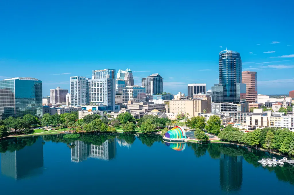 Aerial view of Orlando skyline and reflection in Lake Eola. There's plenty to do in Orlando after visiting Bob Ross's grave.