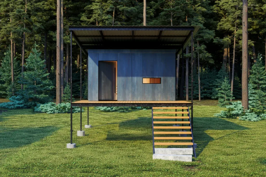 Front View Of Modern Tiny House Exterior In Woodland