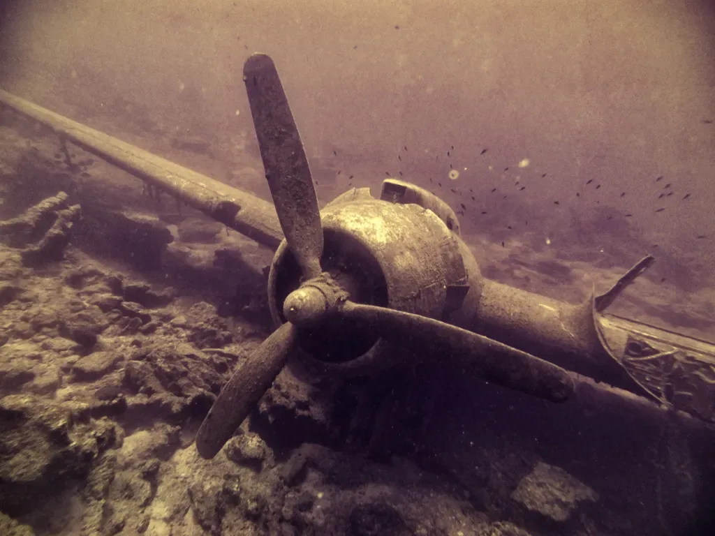 A photo of a C47 Dakota wreck. Similar wrecks can be found at the bottom of Lake Mead.