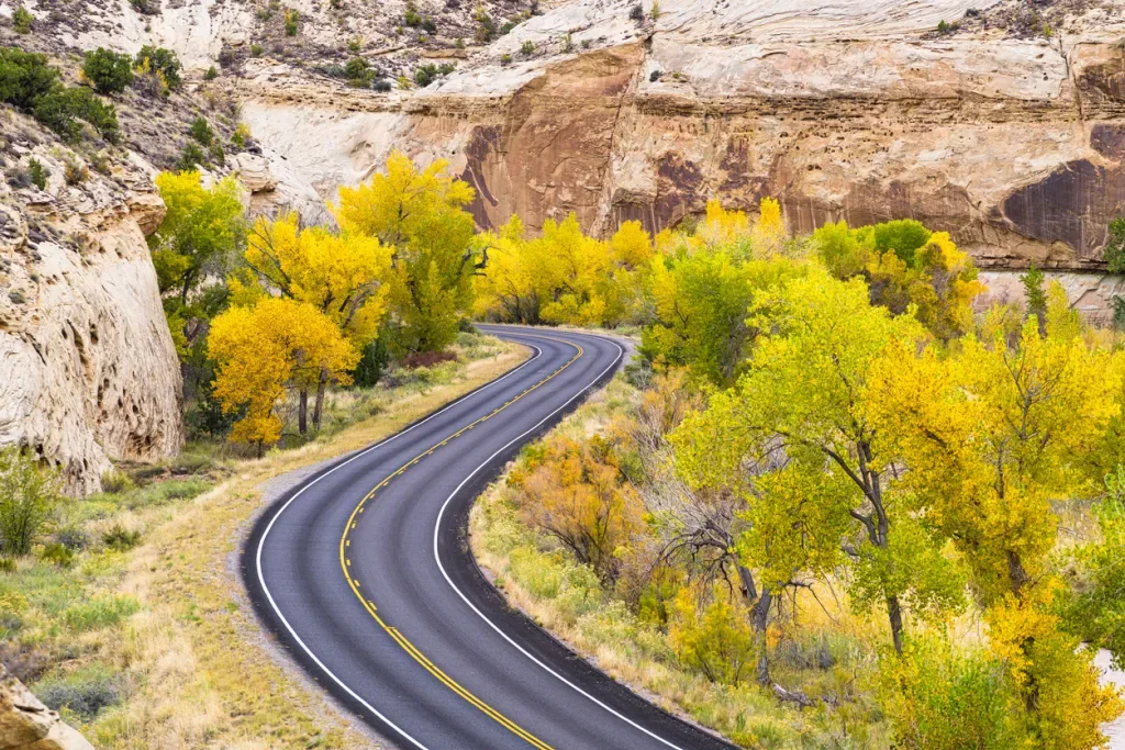 Scenic view with peak fall leaves in Capitol Reef National Park, Utah USA.
