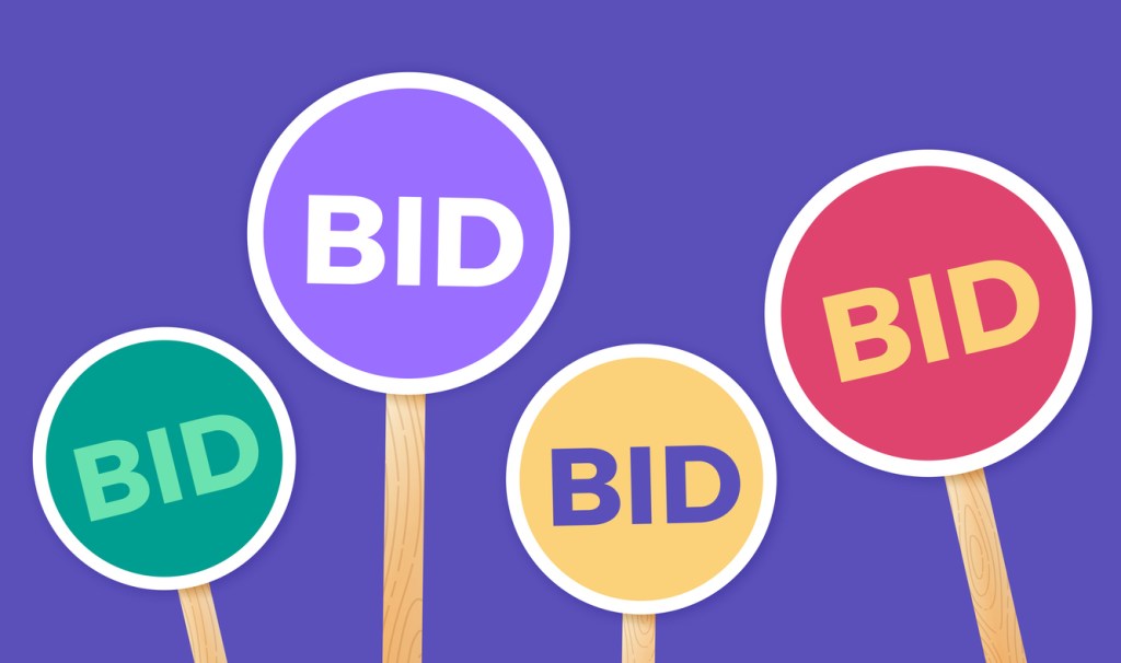 A graphic showing bidding and auction paddles signs. King Galleries Auction House takes bids on beautiful antiques.