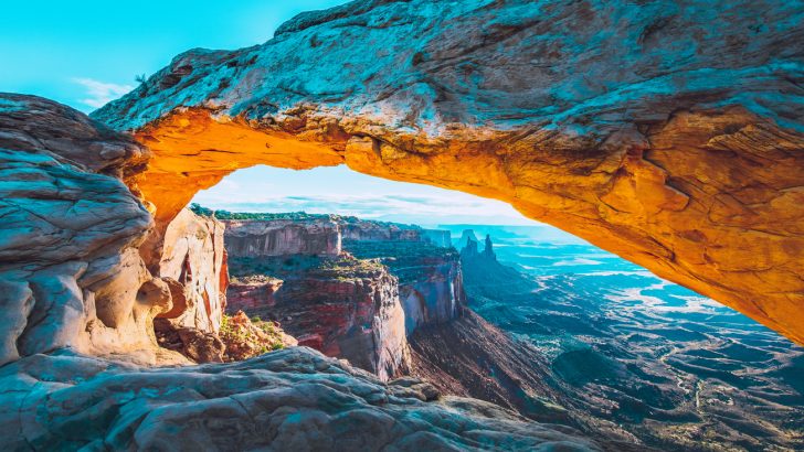 The view through Mesa Arch of Canyonlands National Park