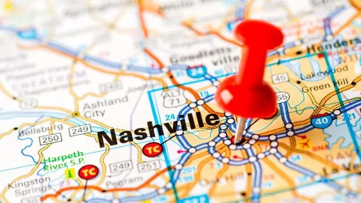 A map showing Nashville, Tennessee. The city has an excellent food scene.