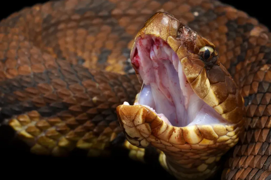 Eastern Cottonmouth or Water Moccasin (Agkistrodon Piscivorus Piscivorus) showing his cotton like mouth is one of the most dangerous snakes in the Everglades