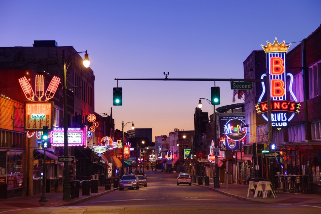 Beale Street in Memphis at dusk. You can't miss Beale Street while you're there for the Mempho Music Festival.