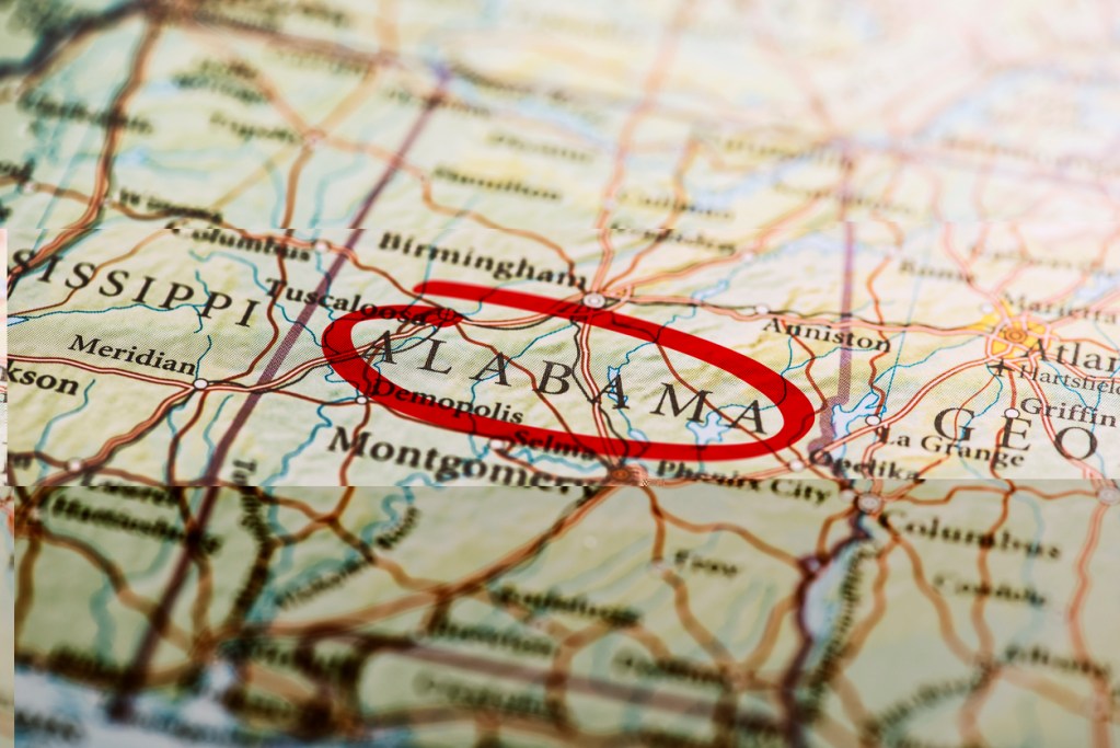 Alabama circled with red marker on map. Alabama has many unique places to explore.