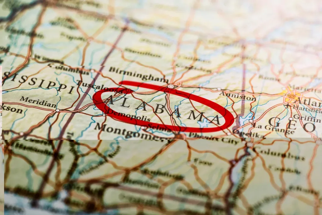 Alabama circled with red marker on map. Alabama has many unique places to explore.