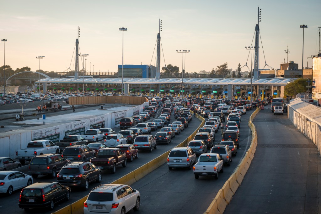 Cars in line waiting to cross the border into Mexico