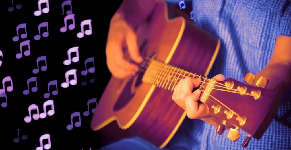 An image of a man - just his torso - playing an acoustic guitar with music notes floating in the background. Country Thunder travels to Kissimmee and other cities around the country.