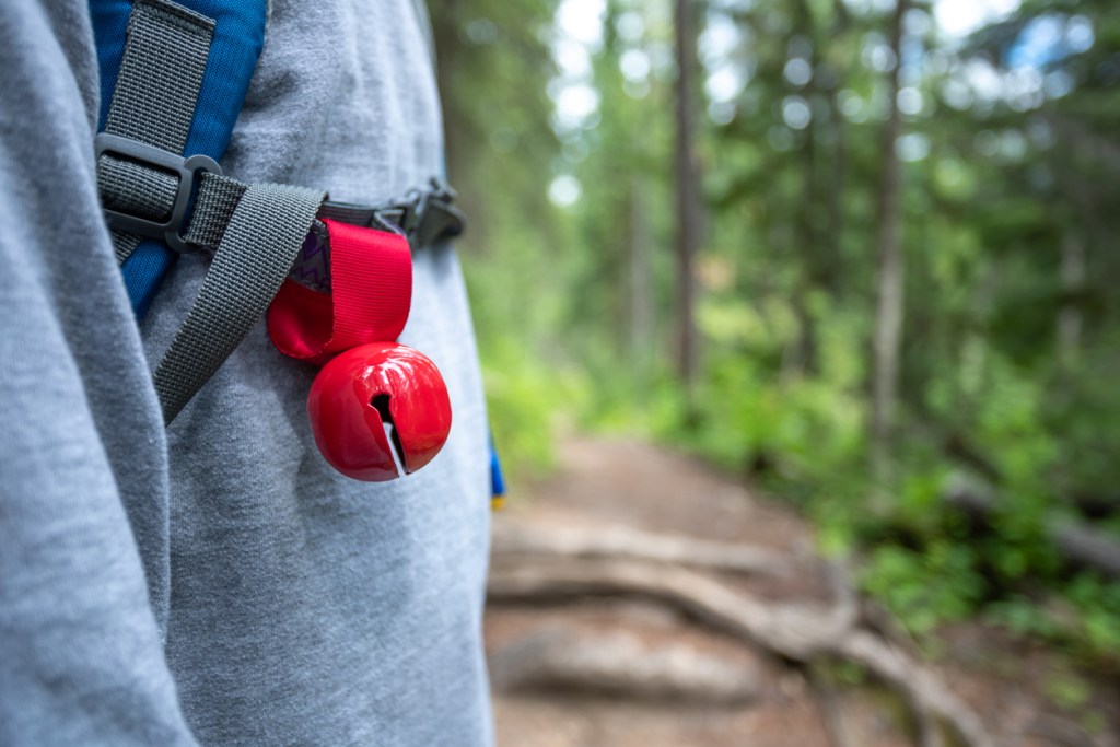 A photo of a person's torso with a red bear bell hanging from their backpack strap.