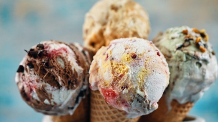 Pistachio, Chocolate, Strawberry and Vanilla Ice Cream in a Cone
