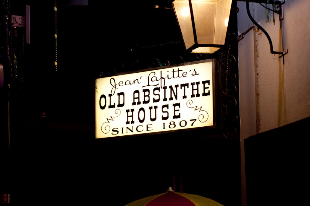 Sign for Jean Latiffe's Old Absinthe House a part of New Orleans' creepy haunted history.