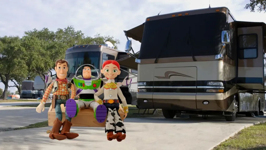Characters from Toy Story in front of an motorhome. Did they park the RV at Disney World?