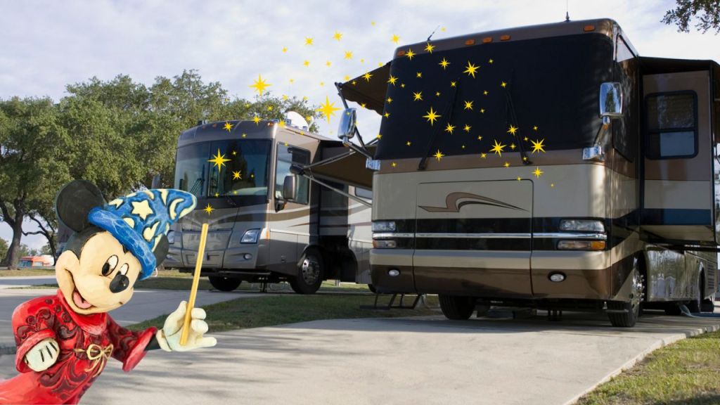 An image of the Disney character Mickey Mouse waving a wand over an RV. Is it better to RV at Fort Wilderness?