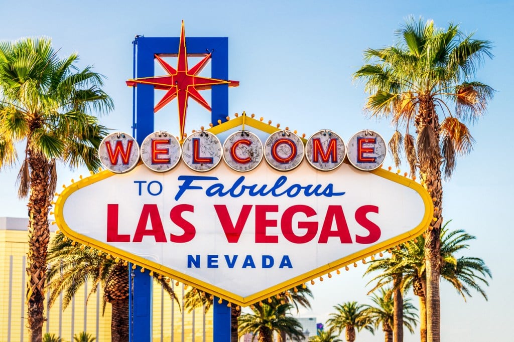 A front view of the iconic Welcome To Fabulous Las Vegas sign in the Nevada, USA city.