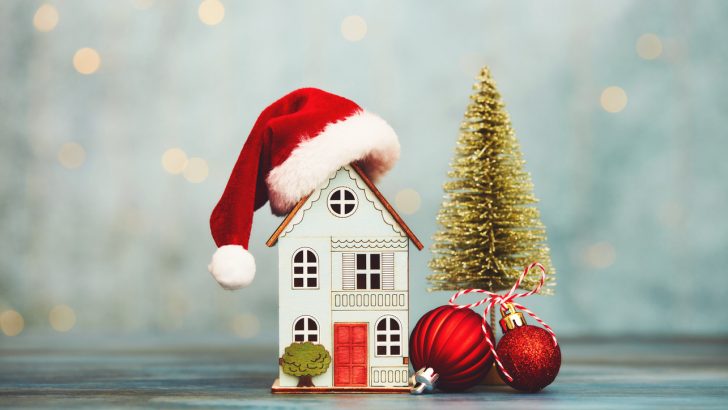 House with Santa hat and Christmas tree and holiday decorations. We've got some great ideas for cheap, but good holiday decor.