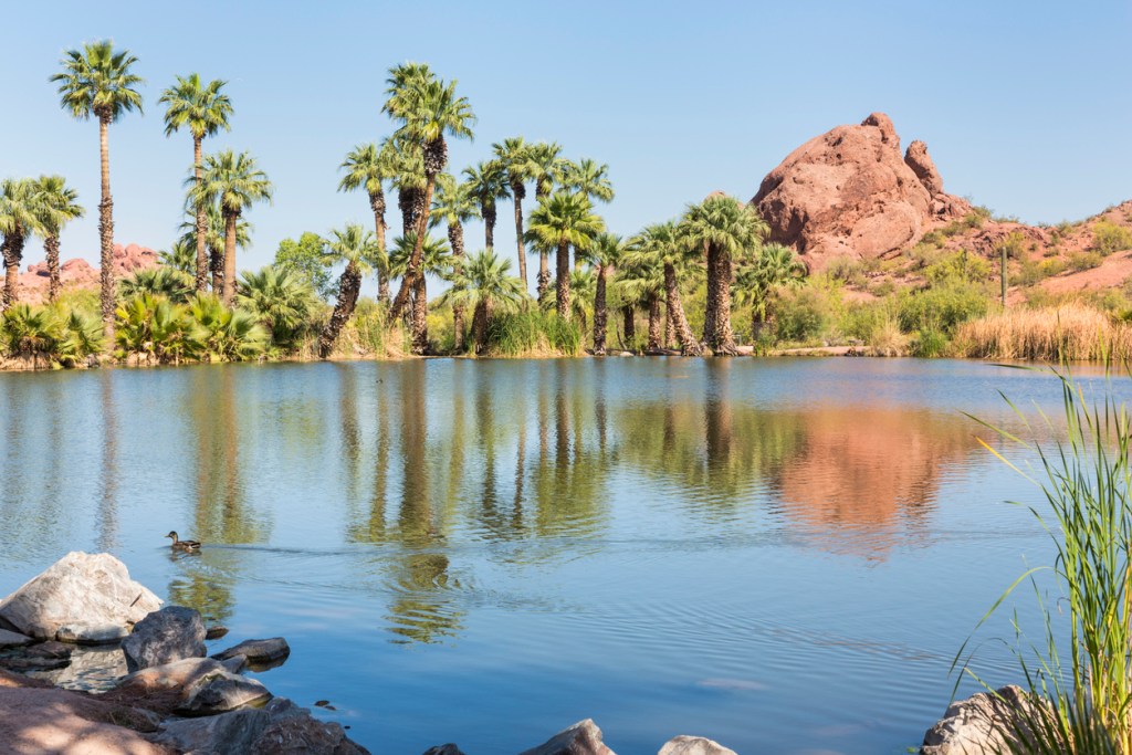 A red sandstone butte reflects in a small fishing lagoon in Papago Park, Phoenix