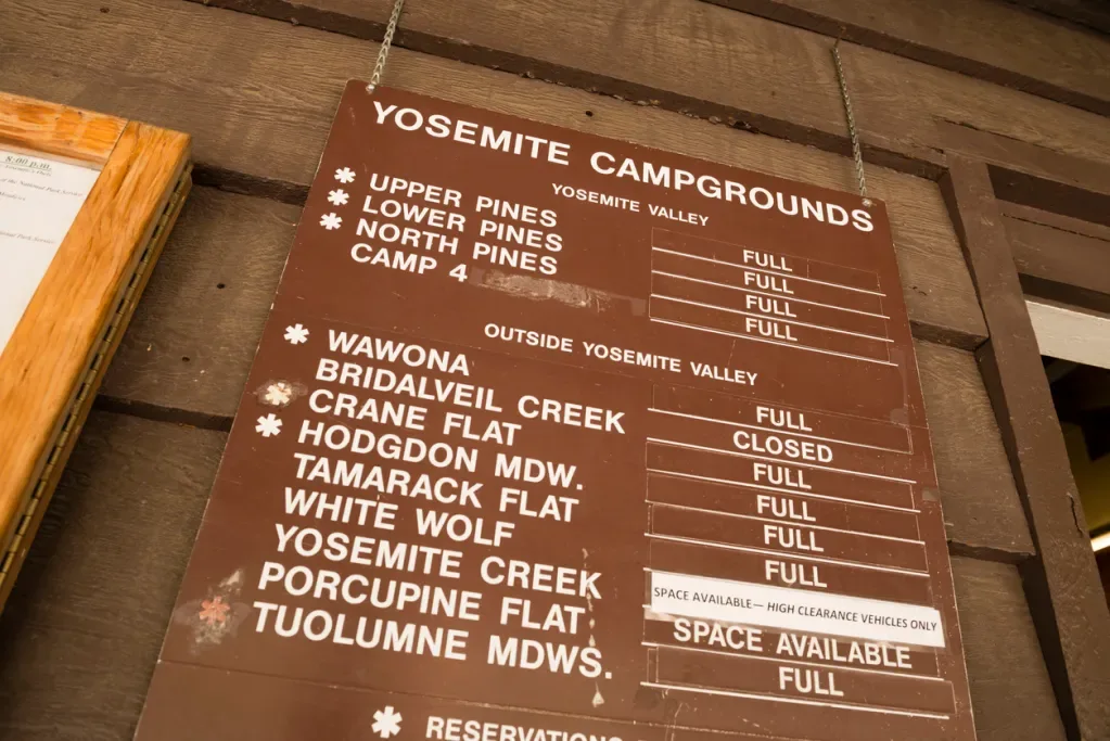 Yosemite National Park California Campground Informational Sign showing most campgrounds full