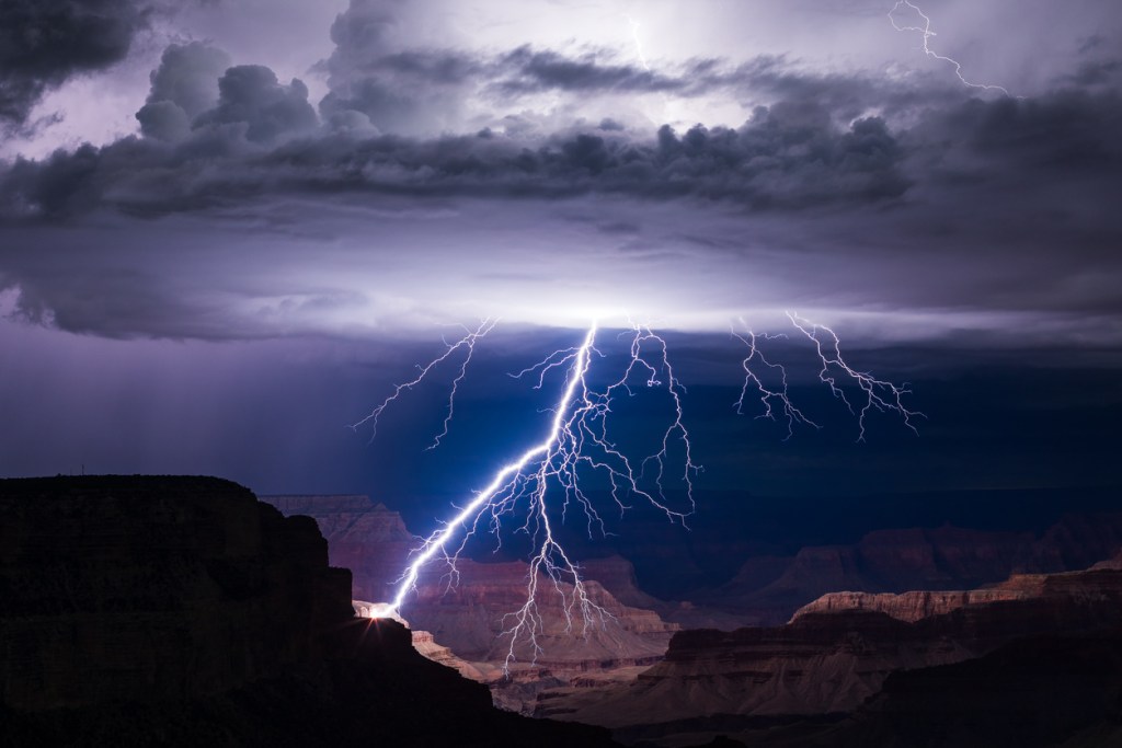 Weather, including lightning as shown here, is just one of the dangers hidden in the Grand Canyon