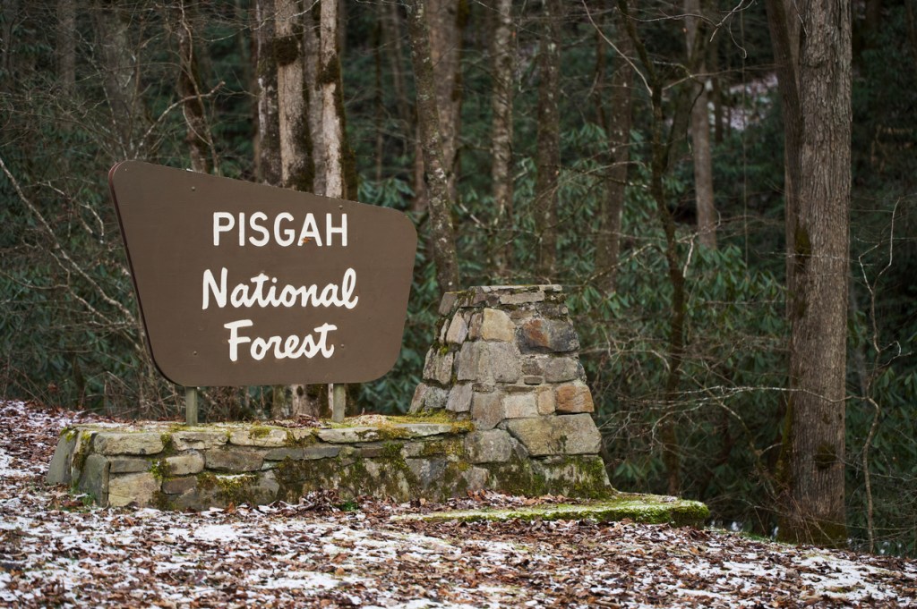 A sign for Pisgah National Forest, which offers lots of free campsites near Asheville, North Carolina