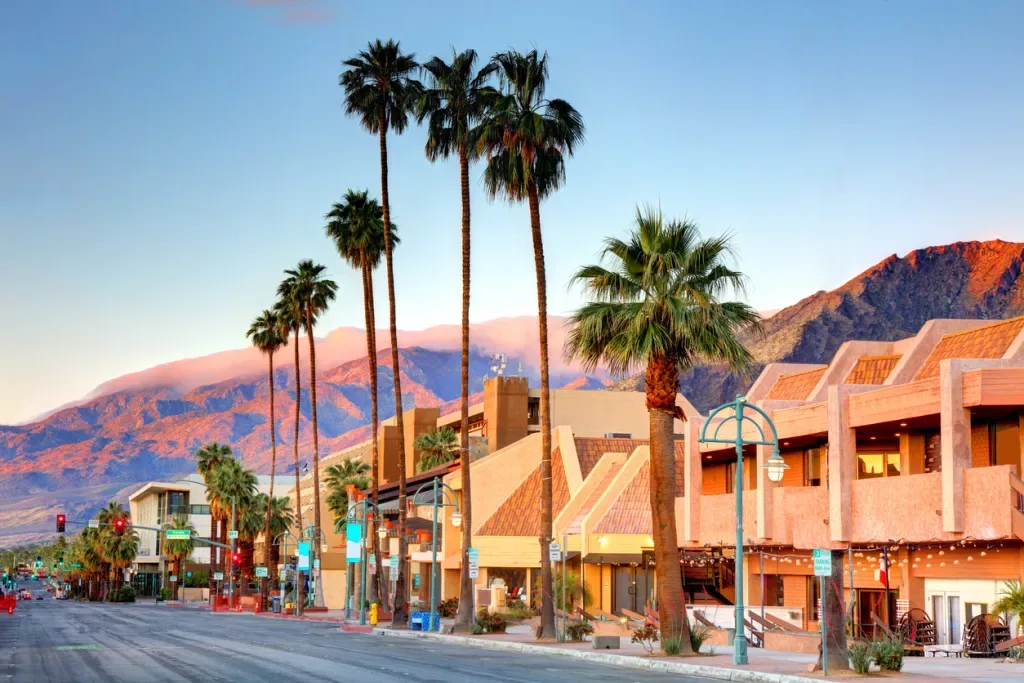An empty street during sunset in Palm Springs.
