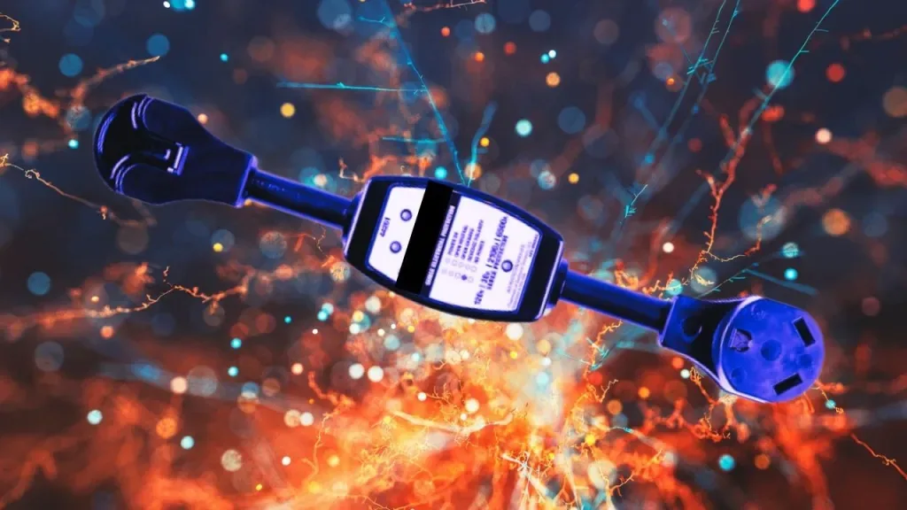 A black surge protector with an orange electrical background