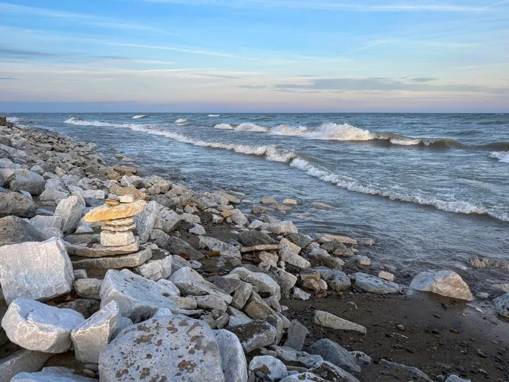 A stack of zen stones along the shores of Lake Michigan.