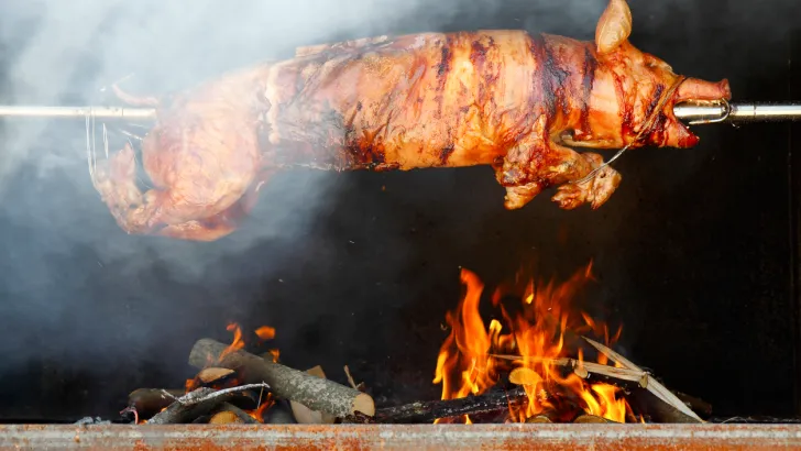 BBQ piglet on a spit, maybe for a festival