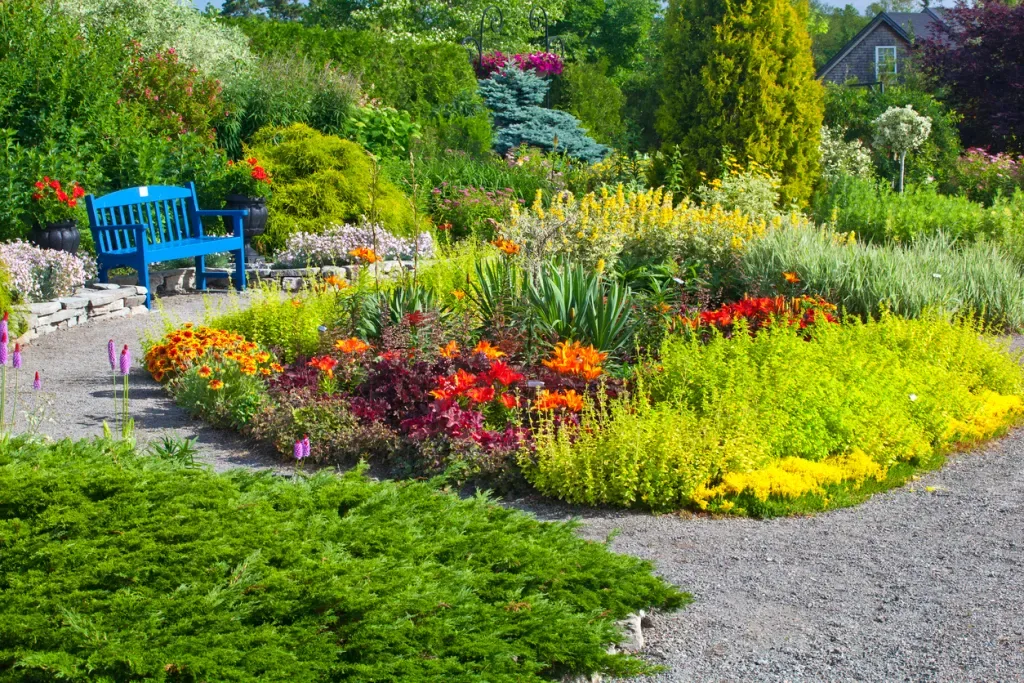 Flower Garden and Blue Bench at Kingsbrae Garden in New Brunswick, Canada