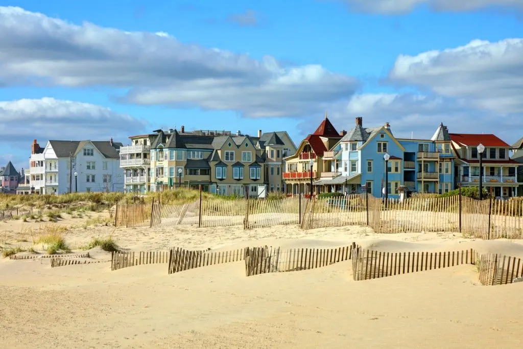 A row of colorful houses along the Atlantic Ocean near Asbury Park, New Jersey.