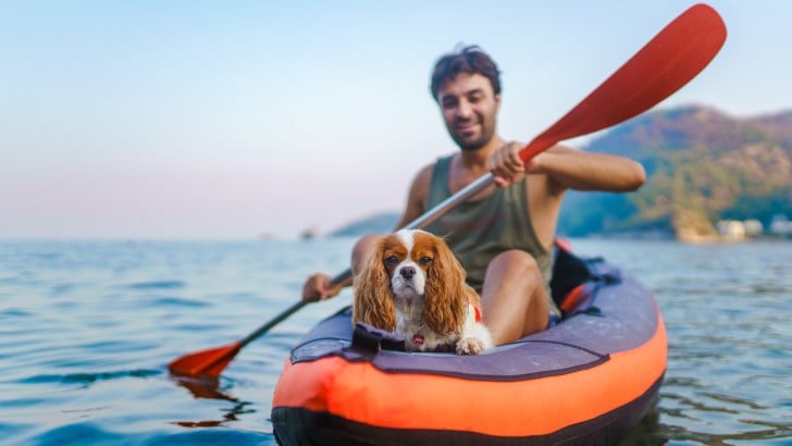 Adult man enjoys kayaking with his dog on an inflatable