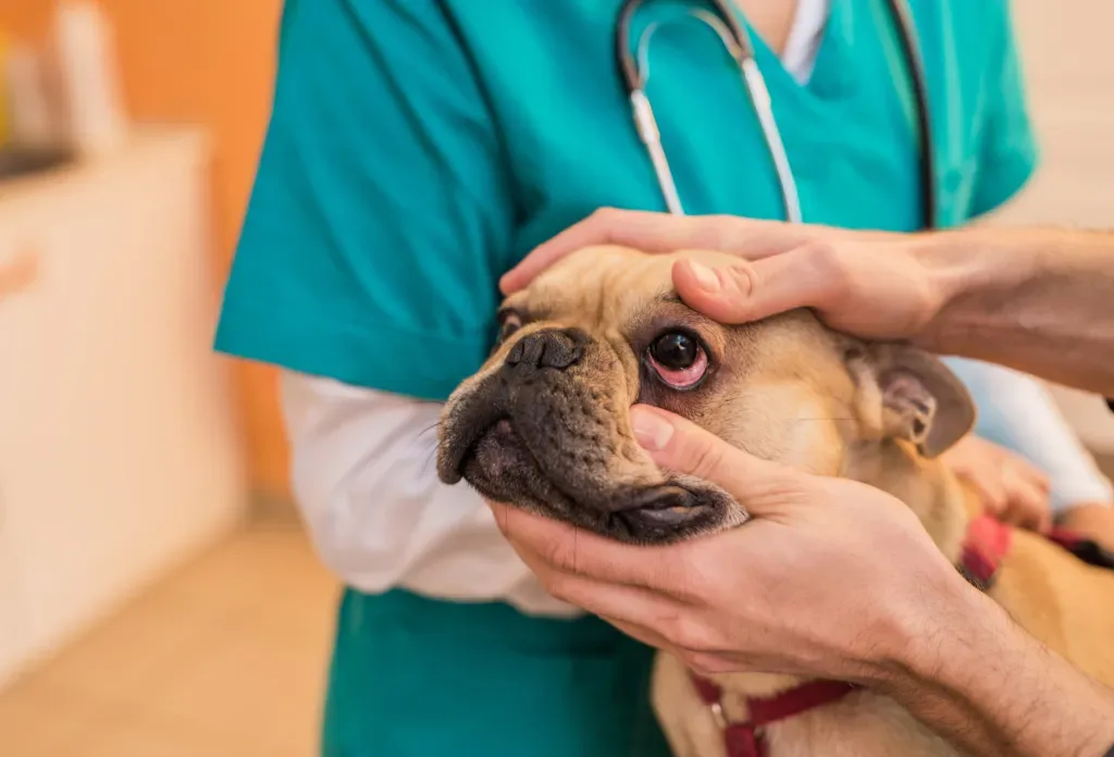 A veterinarian checks out a pug in an exam room. It's essential to have your pets tested for Valley fever if they show any symptoms of the disease.