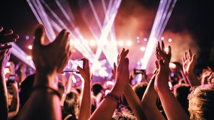 Rear view of a crowd with their hands in the air, similar to what you might see at Summerfest.