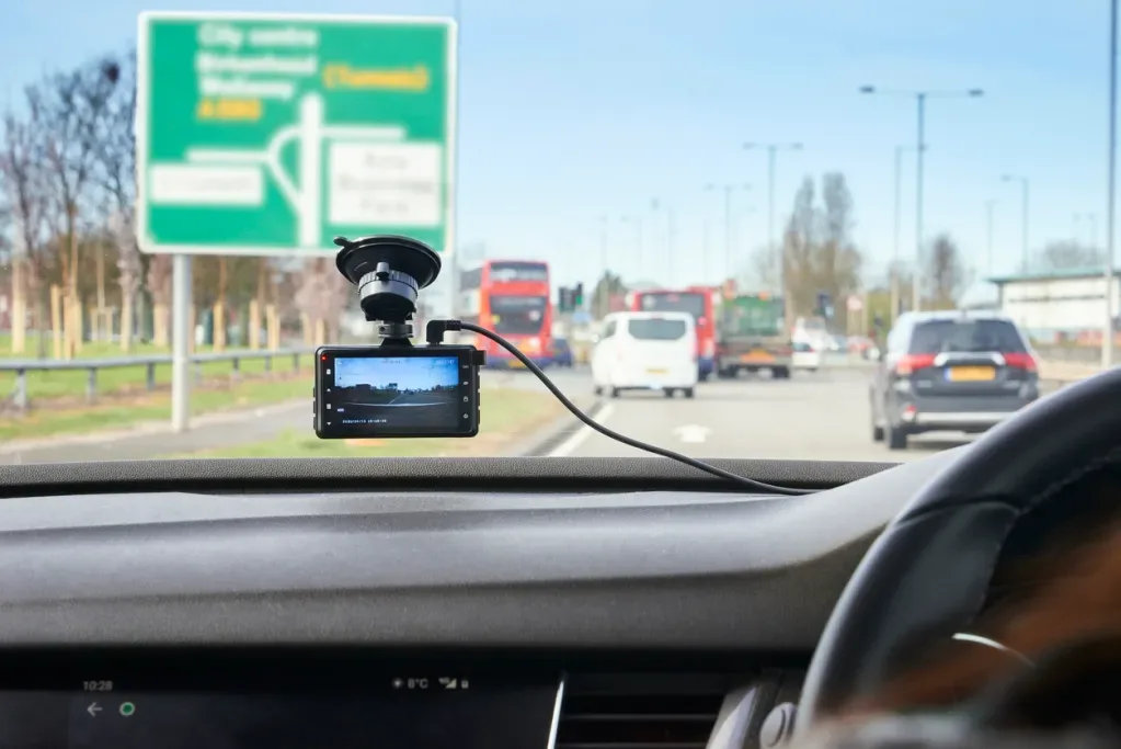 Image of a dash cam with traffic ahead, taken from the driver's perspective.