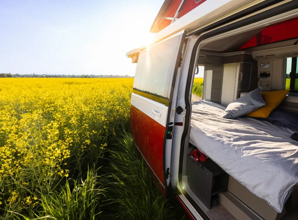 A camper van parked in a field of wildflowers with the doors open. A budget-friendly RV mattress is inside.