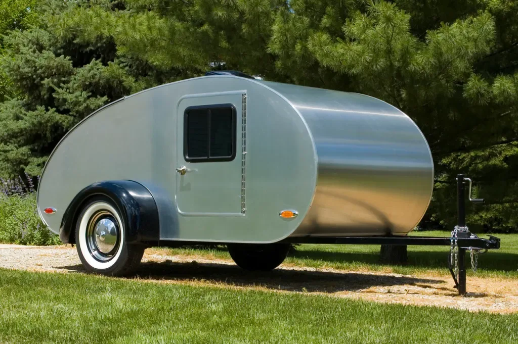 A photo of a teardrop trailer. The Flyer Pursue is a bigger, badder version.