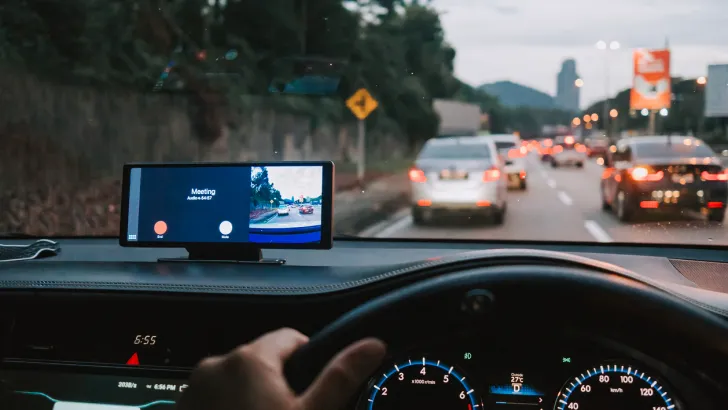 View of a dash cam with a traffic jam in the background, taken from the driver's perspective.