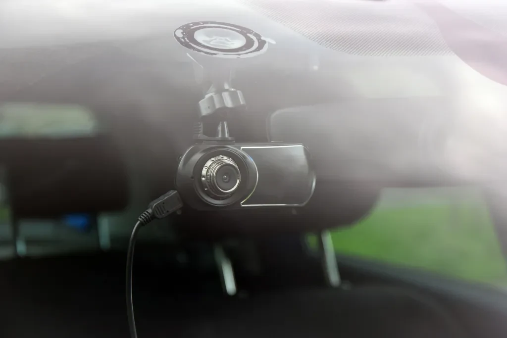 A dash cam attached to a windshield with a suction cup.
