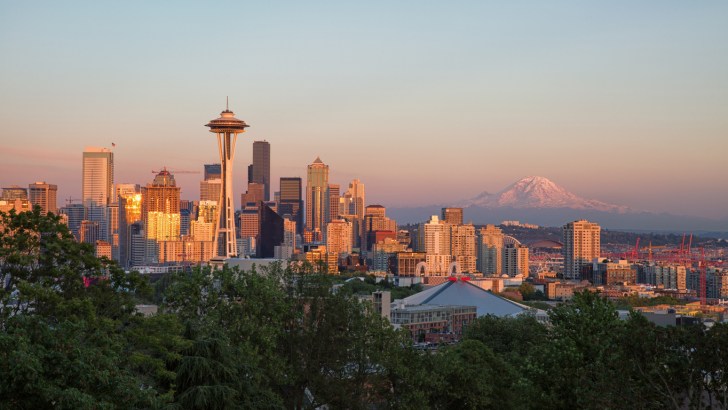 A view of the Seattle skyline at sunset.