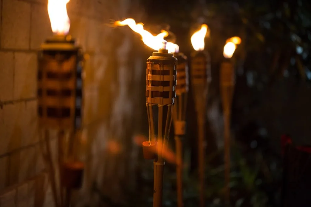 A row of burning TIKI Torches lights a stone wall in the dark of night.