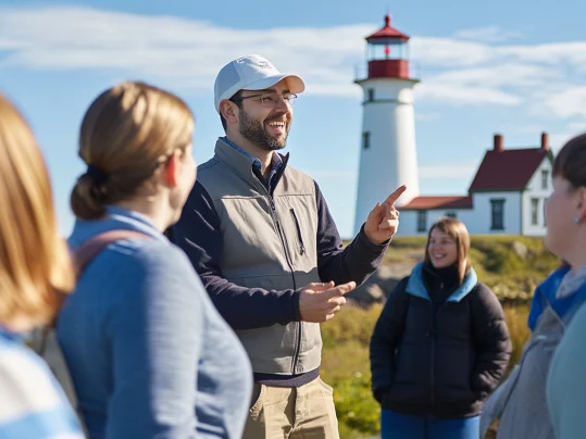 A smiling man wearing a jacket and baseball cap standing in front of a lighthouse and talking to a group of people, like a volunteer might do during a workamping gig.