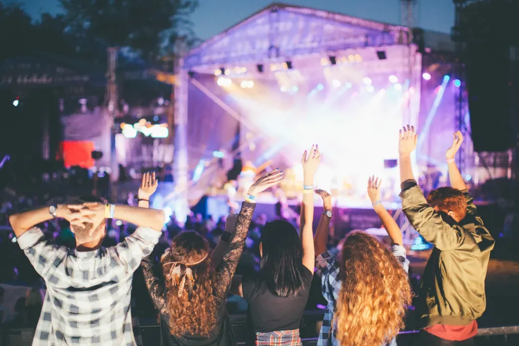 Five festival-goers enjoy an outdoor show after dark.